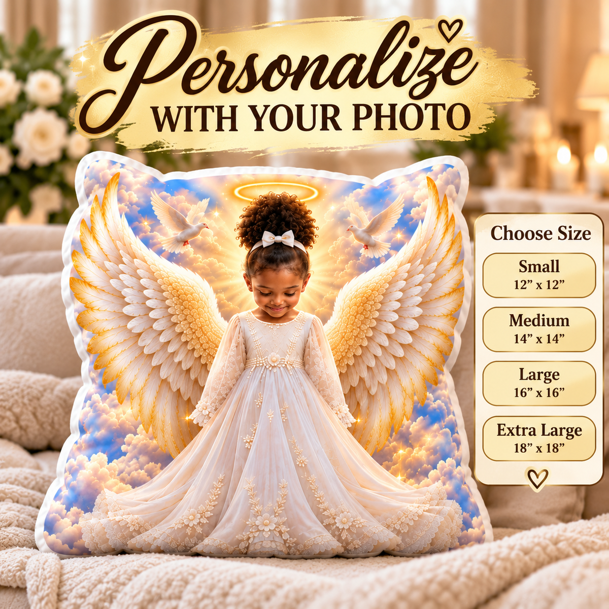Personalized Angel Wings Photo Pillow – Custom Picture Memorial Pillow, Heavenly Keepsake Gift, Kids Room Decor