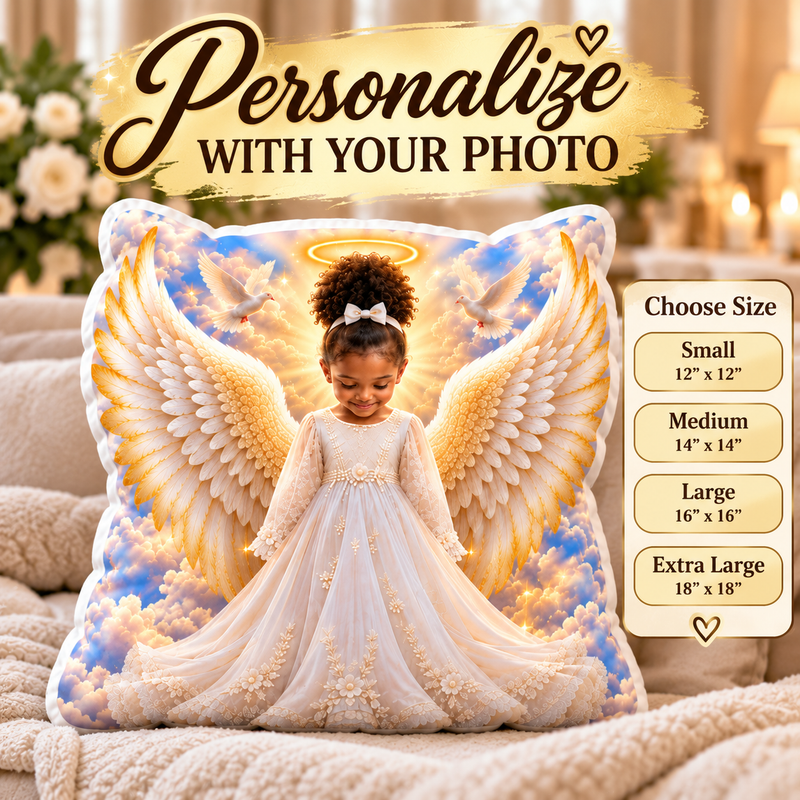 Personalized Angel Wings Photo Pillow – Custom Picture Memorial Pillow, Heavenly Keepsake Gift, Kids Room Decor