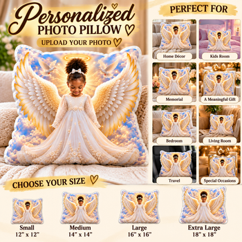 Personalized Angel Wings Photo Pillow – Custom Picture Memorial Pillow, Heavenly Keepsake Gift, Kids Room Decor