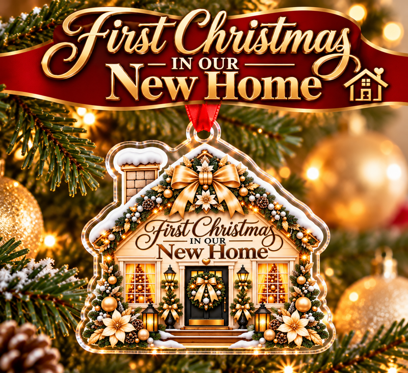 First Christmas in Our New Home Ornament – Elegant Gold House-Shaped Christmas Tree Decoration, New Home Keepsake, Housewarming Gift