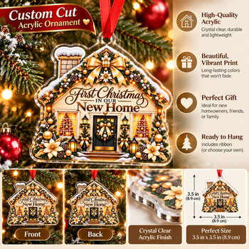 First Christmas in Our New Home Ornament – Elegant Gold House-Shaped Christmas Tree Decoration, New Home Keepsake, Housewarming Gift
