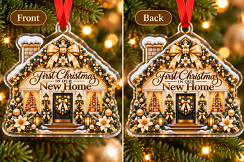 First Christmas in Our New Home Ornament – Elegant Gold House-Shaped Christmas Tree Decoration, New Home Keepsake, Housewarming Gift