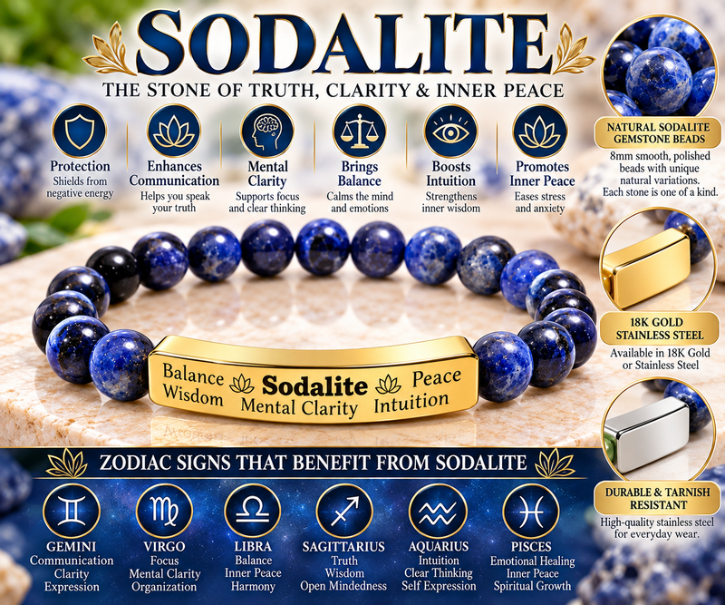 Sodalite Bracelet Natural Stone Beaded Bracelet Engraved Bar Bracelet Stainless Steel or 18K Gold Balance Wisdom Clarity Gift