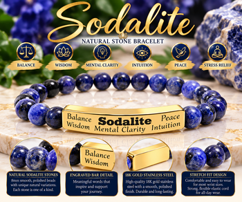 Sodalite Bracelet Natural Stone Beaded Bracelet Engraved Bar Bracelet Stainless Steel or 18K Gold Balance Wisdom Clarity Gift