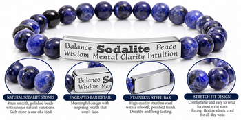 Sodalite Bracelet Natural Stone Beaded Bracelet Engraved Bar Bracelet Stainless Steel or 18K Gold Balance Wisdom Clarity Gift