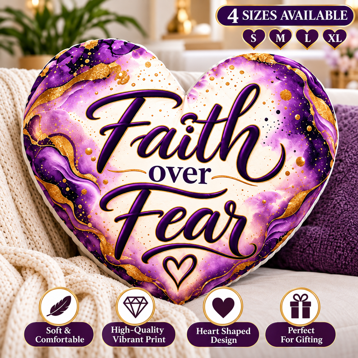 Faith Over Fear Heart Shaped Throw Pillow – Purple and Gold Inspirational Christian Decorative Cushion, Faith Based Home Décor Gift