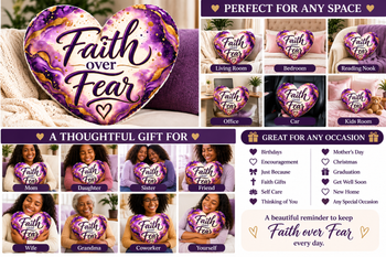 Faith Over Fear Heart Shaped Throw Pillow – Purple and Gold Inspirational Christian Decorative Cushion, Faith Based Home Décor Gift