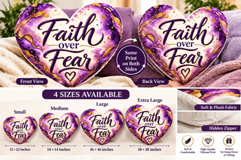 Faith Over Fear Heart Shaped Throw Pillow – Purple and Gold Inspirational Christian Decorative Cushion, Faith Based Home Décor Gift
