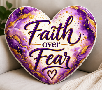 Faith Over Fear Heart Shaped Throw Pillow – Purple and Gold Inspirational Christian Decorative Cushion, Faith Based Home Décor Gift