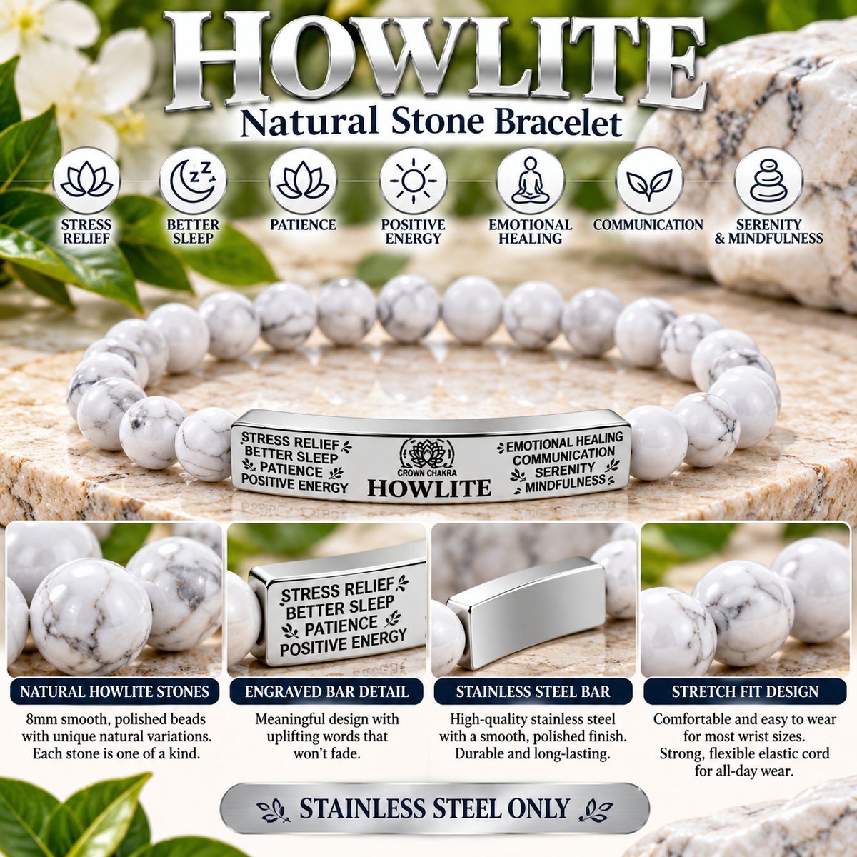 Natural Howlite Stone Bracelet – White Howlite Beaded Bracelet with Stainless Steel Bar, Calming Crystal Jewelry & Mindfulness Gift