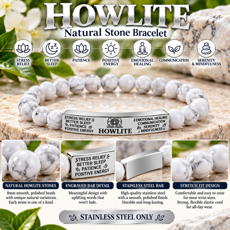Natural Howlite Stone Bracelet – White Howlite Beaded Bracelet with Stainless Steel Bar, Calming Crystal Jewelry & Mindfulness Gift