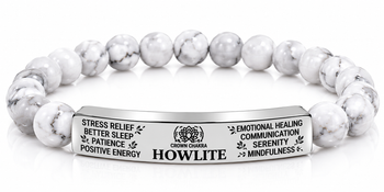 Natural Howlite Stone Bracelet – White Howlite Beaded Bracelet with Stainless Steel Bar, Calming Crystal Jewelry & Mindfulness Gift