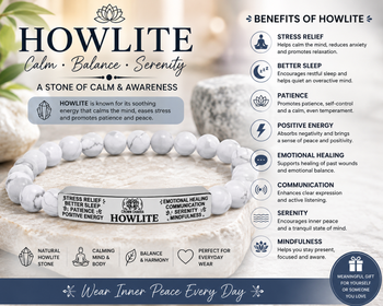 Natural Howlite Stone Bracelet – White Howlite Beaded Bracelet with Stainless Steel Bar, Calming Crystal Jewelry & Mindfulness Gift