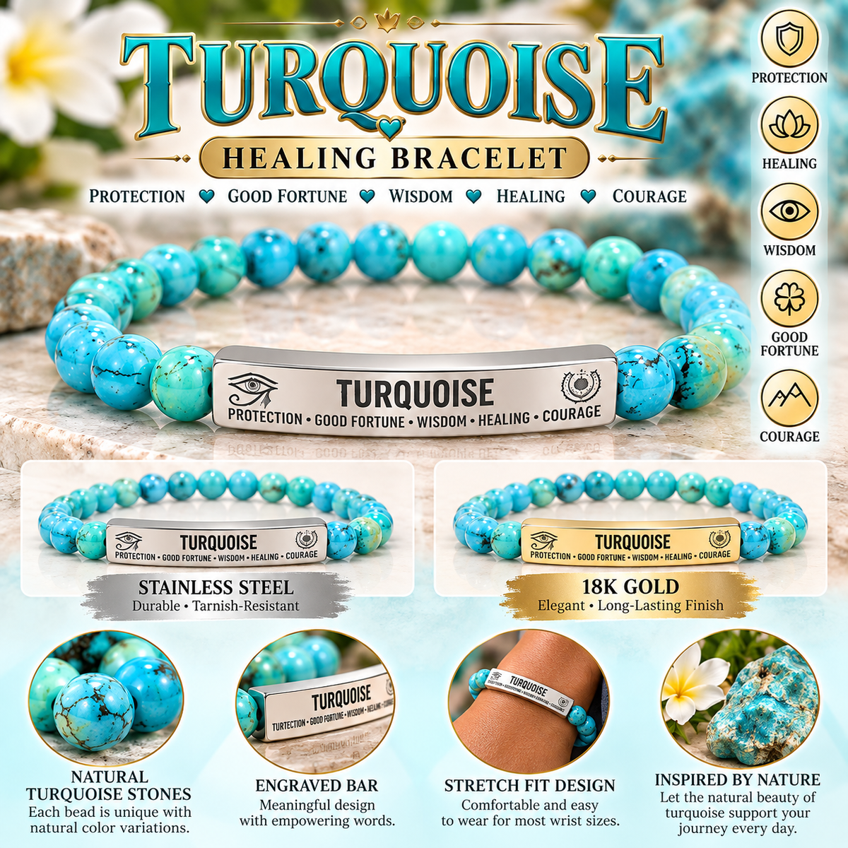 Natural Turquoise Stone Bracelet – 8mm Beaded Stretch Bracelet with 18K Gold Plated Engraved Bar, Protection & Good Fortune Jewelry