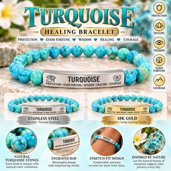 Natural Turquoise Stone Bracelet – 8mm Beaded Stretch Bracelet with 18K Gold Plated Engraved Bar, Protection & Good Fortune Jewelry