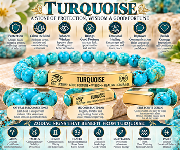 Natural Turquoise Stone Bracelet – 8mm Beaded Stretch Bracelet with 18K Gold Plated Engraved Bar, Protection & Good Fortune Jewelry