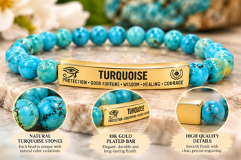 Natural Turquoise Stone Bracelet – 8mm Beaded Stretch Bracelet with 18K Gold Plated Engraved Bar, Protection & Good Fortune Jewelry