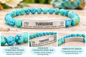 Natural Turquoise Stone Bracelet – 8mm Beaded Stretch Bracelet with 18K Gold Plated Engraved Bar, Protection & Good Fortune Jewelry