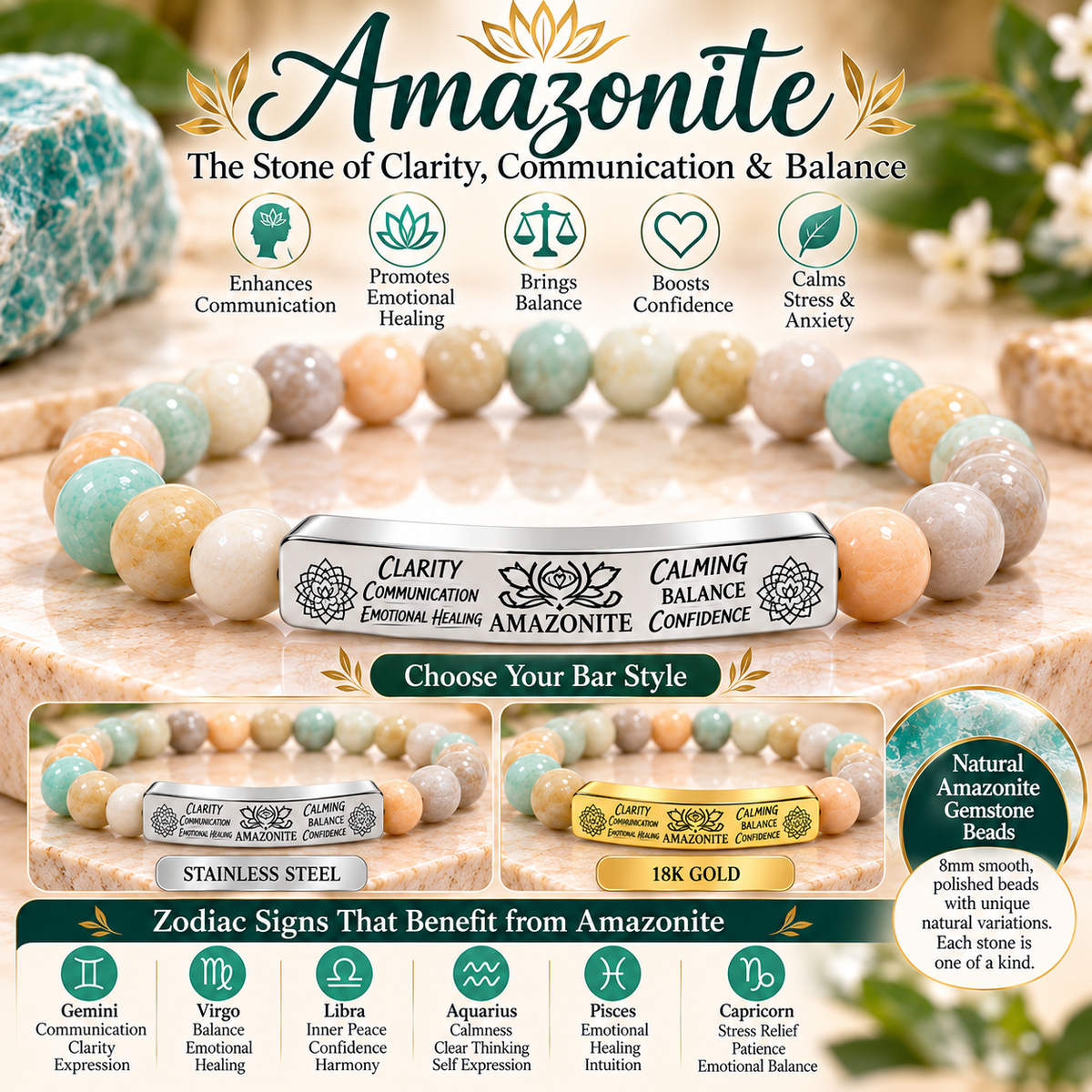 Natural Amazonite Stone Bracelet – 8mm Gemstone Beaded Stretch Bracelet with Engraved Bar, Stainless Steel or 18K Gold, Clarity & Balance Jewelry