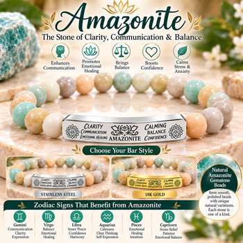 Natural Amazonite Stone Bracelet – 8mm Gemstone Beaded Stretch Bracelet with Engraved Bar, Stainless Steel or 18K Gold, Clarity & Balance Jewelry