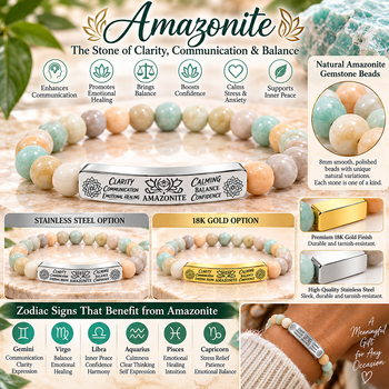Natural Amazonite Stone Bracelet – 8mm Gemstone Beaded Stretch Bracelet with Engraved Bar, Stainless Steel or 18K Gold, Clarity & Balance Jewelry