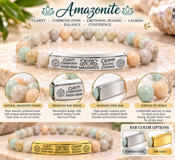 Natural Amazonite Stone Bracelet – 8mm Gemstone Beaded Stretch Bracelet with Engraved Bar, Stainless Steel or 18K Gold, Clarity & Balance Jewelry