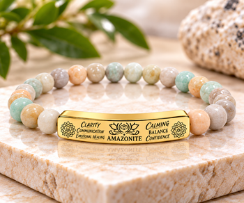 Natural Amazonite Stone Bracelet – 8mm Gemstone Beaded Stretch Bracelet with Engraved Bar, Stainless Steel or 18K Gold, Clarity & Balance Jewelry