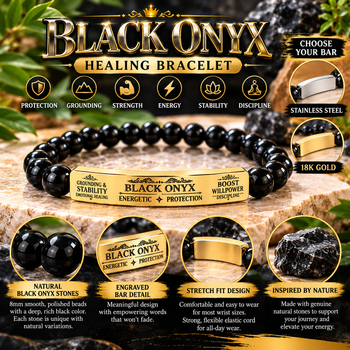 Natural Black Onyx Stone Bracelet – 8mm Gemstone Beads with Engraved Stainless Steel Bar, Protection, Strength & Grounding Jewelry