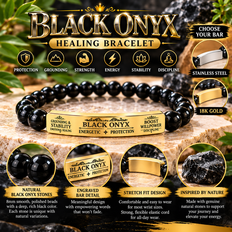 Natural Black Onyx Stone Bracelet – 8mm Gemstone Beads with Engraved Stainless Steel Bar, Protection, Strength & Grounding Jewelry