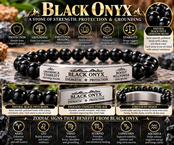 Natural Black Onyx Stone Bracelet – 8mm Gemstone Beads with Engraved Stainless Steel Bar, Protection, Strength & Grounding Jewelry