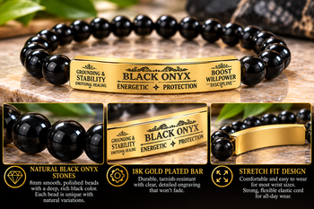 Natural Black Onyx Stone Bracelet – 8mm Gemstone Beads with Engraved Stainless Steel Bar, Protection, Strength & Grounding Jewelry