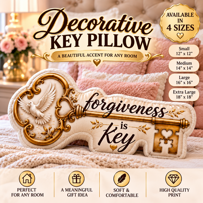 Forgiveness Is Key Decorative Shaped Pillow – Inspirational Faith Pillow, Gold Key and Dove Accent, Meaningful Gift