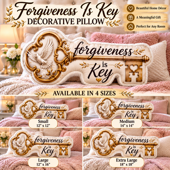 Forgiveness Is Key Decorative Shaped Pillow – Inspirational Faith Pillow, Gold Key and Dove Accent, Meaningful Gift