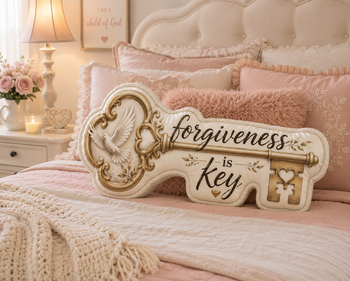 Forgiveness Is Key Decorative Shaped Pillow – Inspirational Faith Pillow, Gold Key and Dove Accent, Meaningful Gift