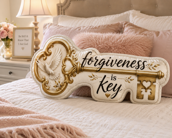 Forgiveness Is Key Decorative Shaped Pillow – Inspirational Faith Pillow, Gold Key and Dove Accent, Meaningful Gift