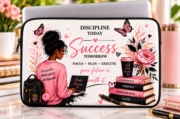 Discipline Today Success Tomorrow Laptop Sleeve – Inspirational Pink Butterfly Floral Laptop Case, Motivational Gift for Women