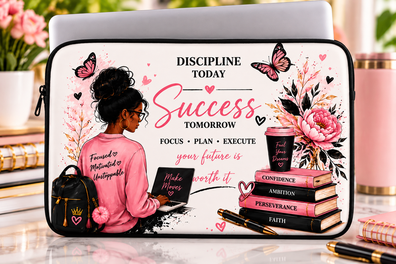 Discipline Today Success Tomorrow Laptop Sleeve – Inspirational Pink Butterfly Floral Laptop Case, Motivational Gift for Women