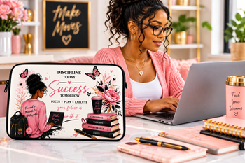 Discipline Today Success Tomorrow Laptop Sleeve – Inspirational Pink Butterfly Floral Laptop Case, Motivational Gift for Women