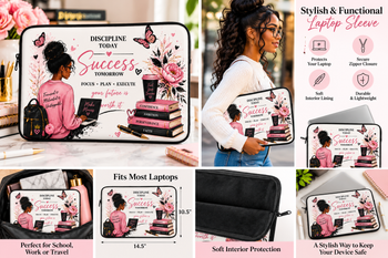 Discipline Today Success Tomorrow Laptop Sleeve – Inspirational Pink Butterfly Floral Laptop Case, Motivational Gift for Women