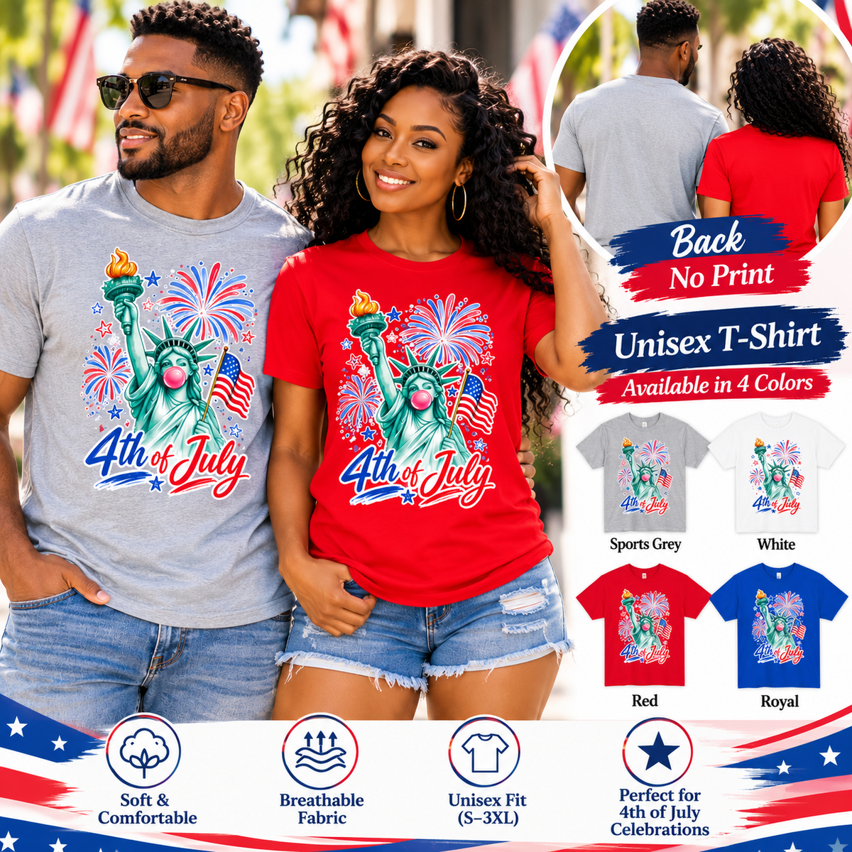 4th of July Shirt Statue of Liberty Bubblegum Tee Patriotic T Shirt Independence Day Shirt American Flag Fireworks Tee USA Summer Shirt