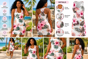 Women's Tropical Hibiscus Racerback Tank Dress – Pink Floral All Over Print Summer Mini Dress, Beach Vacation Outfit