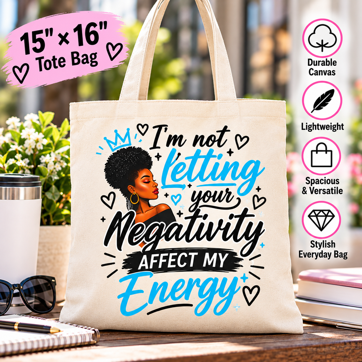 I'm Not Letting Your Negativity Affect My Energy Canvas Tote Bag – Inspirational Quote, Positive Energy Shopping Bag, 15×16 Inch
