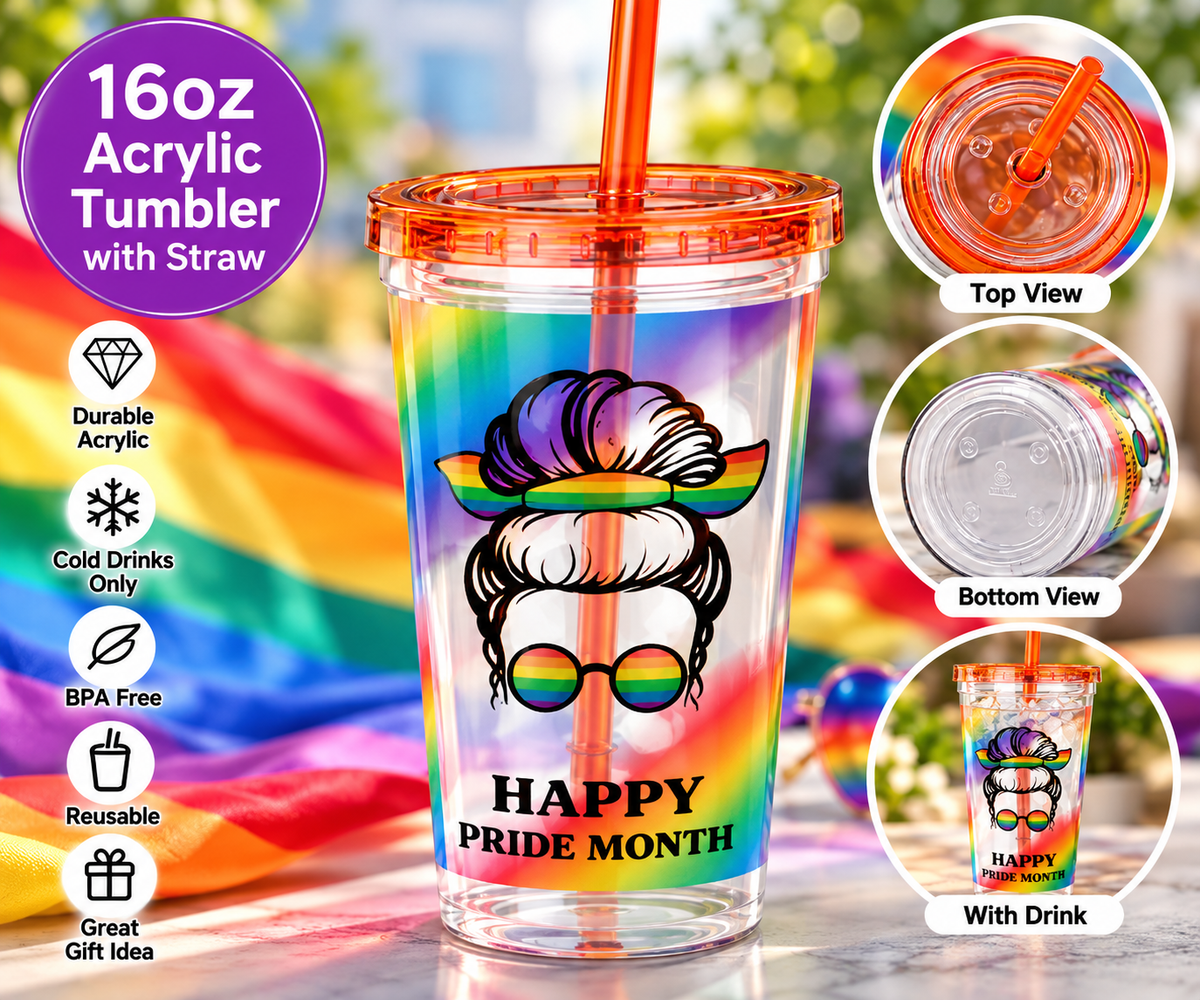 Happy Pride Month 16oz Acrylic Tumbler with Straw – Rainbow Pride Cup, Colorful Reusable Cold Drink Tumbler, Pride Celebration Gift