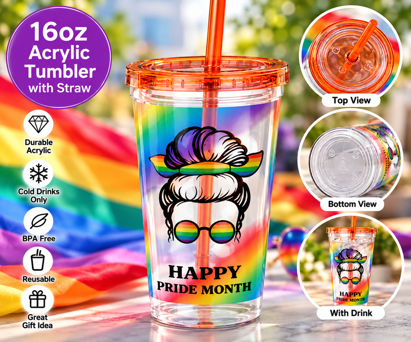 Happy Pride Month 16oz Acrylic Tumbler with Straw – Rainbow Pride Cup, Colorful Reusable Cold Drink Tumbler, Pride Celebration Gift