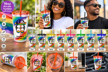 Happy Pride Month 16oz Acrylic Tumbler with Straw – Rainbow Pride Cup, Colorful Reusable Cold Drink Tumbler, Pride Celebration Gift