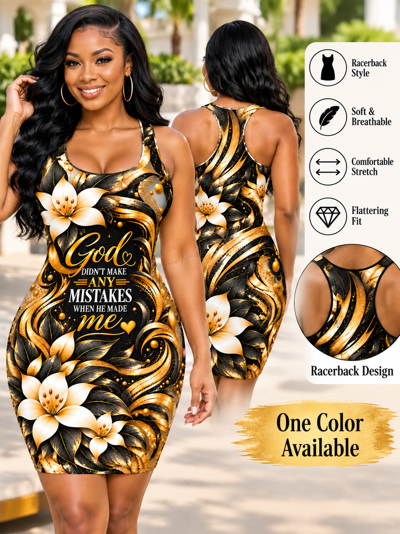 God Didn't Make Any Mistakes When He Made Me Women's Racerback Dress – Black and Gold Floral Christian Inspirational Mini Dress