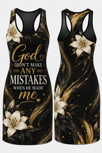 God Didn't Make Any Mistakes When He Made Me Women's Racerback Dress – Black and Gold Floral Christian Inspirational Mini Dress