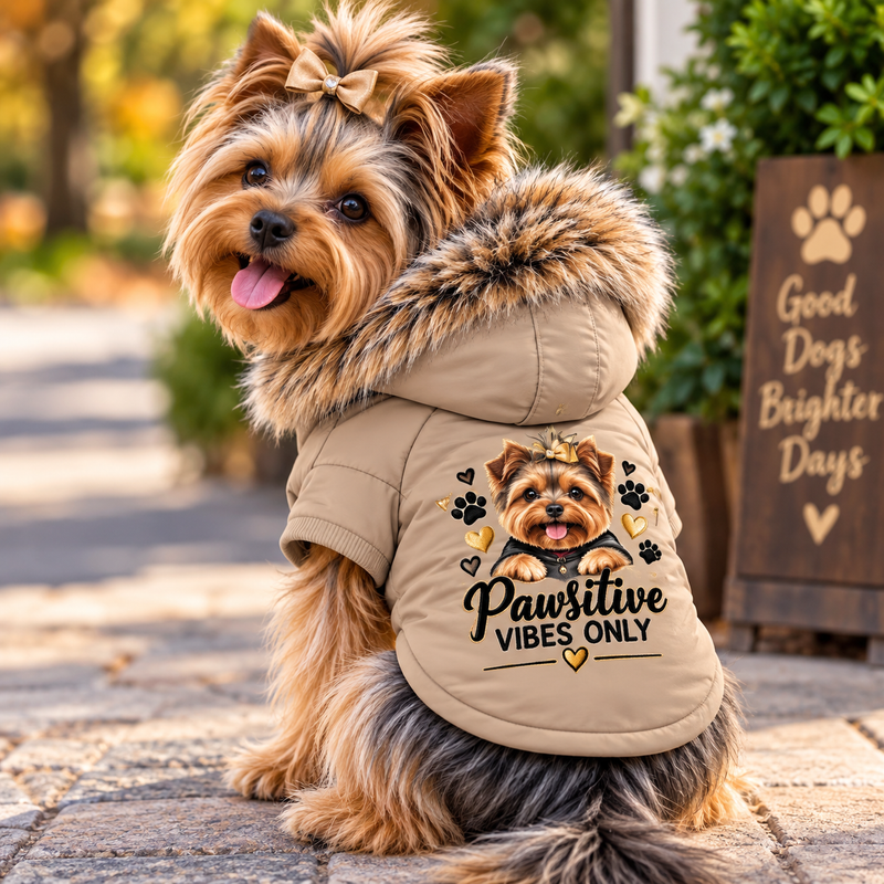 Pawsitive Vibes Only Dog Jacket – Cute Yorkie Graphic Pet Hoodie Coat, Adorable Dog Apparel for Small Dogs