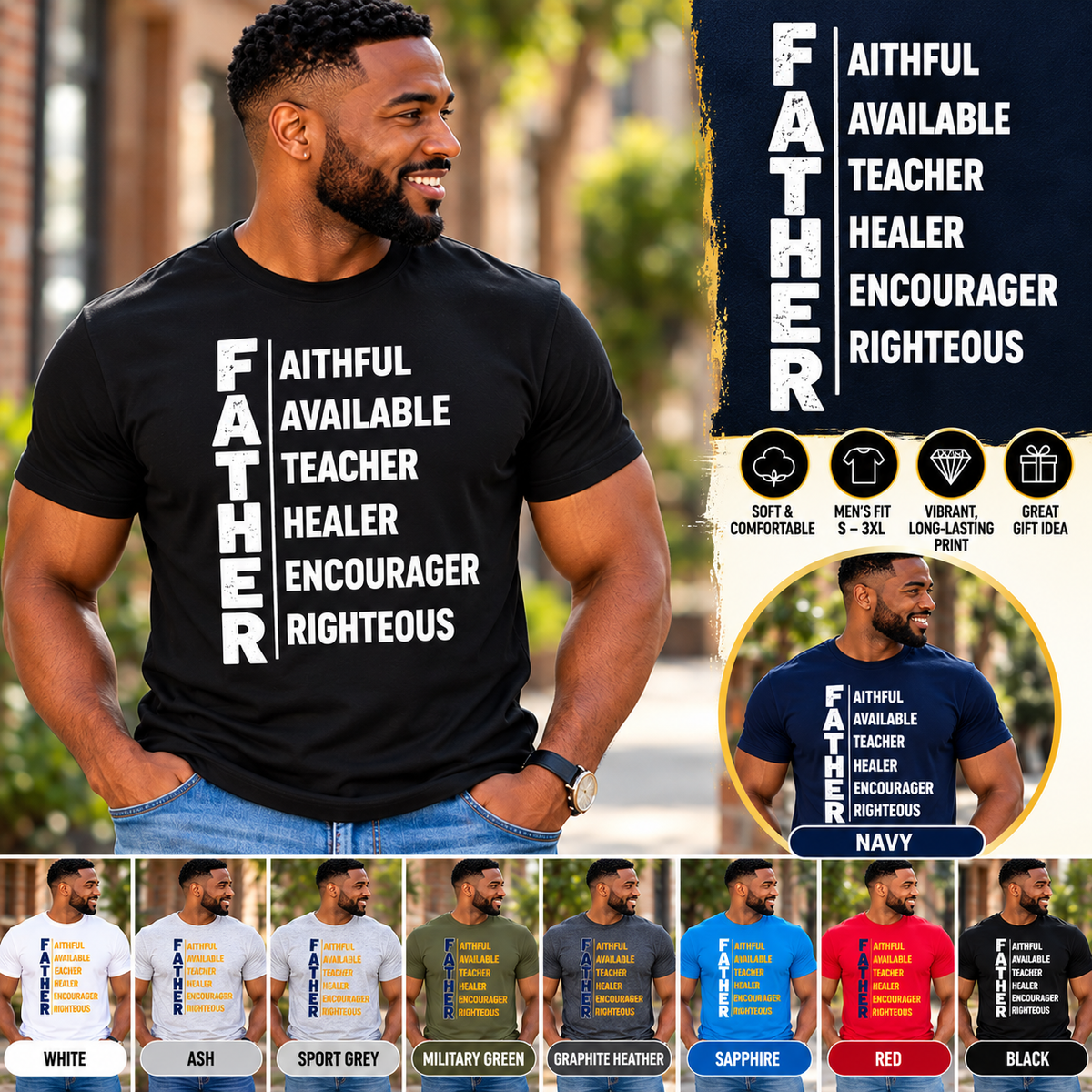 Father Definition Men's Christian T-Shirt – Faithful Available Teacher Healer Encourager Righteous, Inspirational Dad Gift