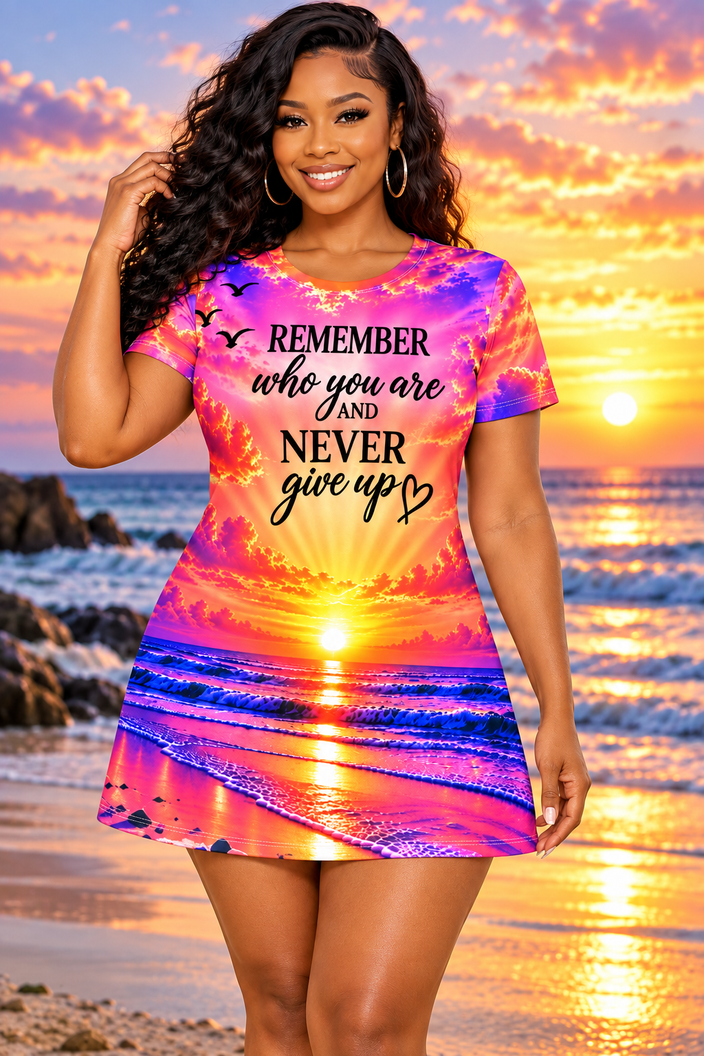 Remember Who You Are and Never Give Up Women's T-Shirt Dress – Colorful Sunset Beach Inspirational Mini Dress